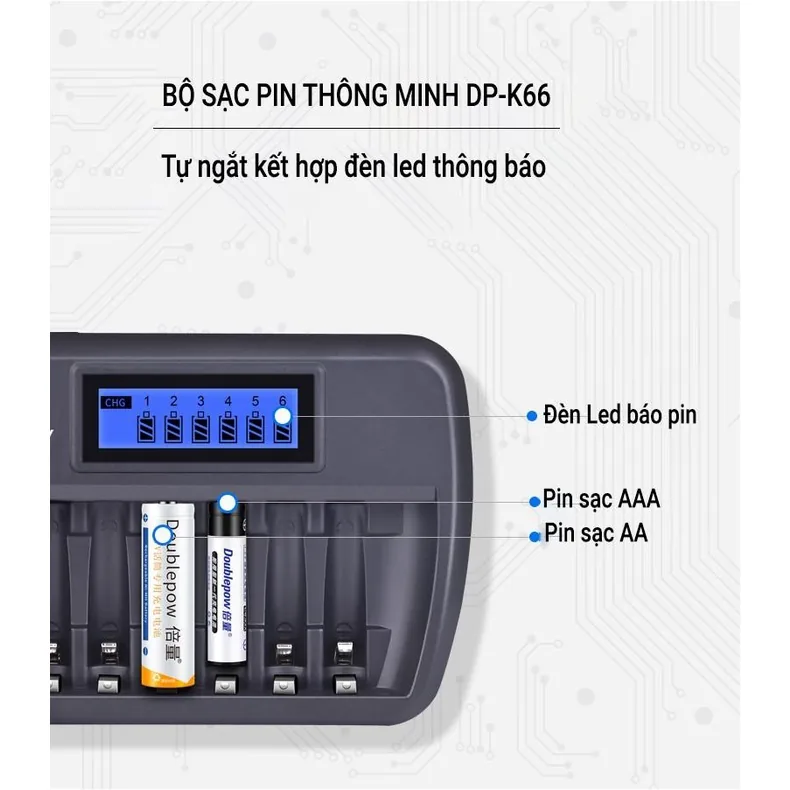 Bộ sạc 6 pin AA AAA sạc nhanh, tự ngắt DP-K66 Doublepow