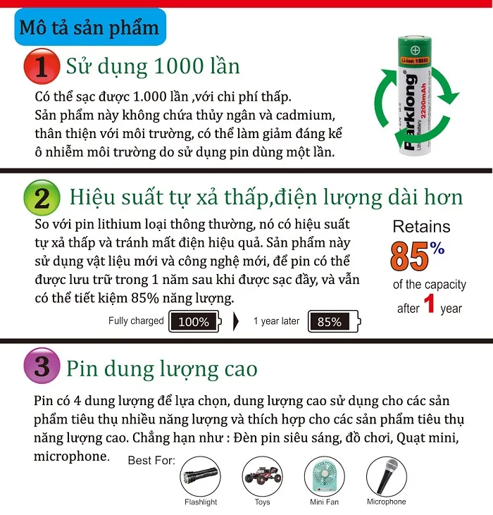 thông số kỹ thuật pin 18650 parklong 2600mah